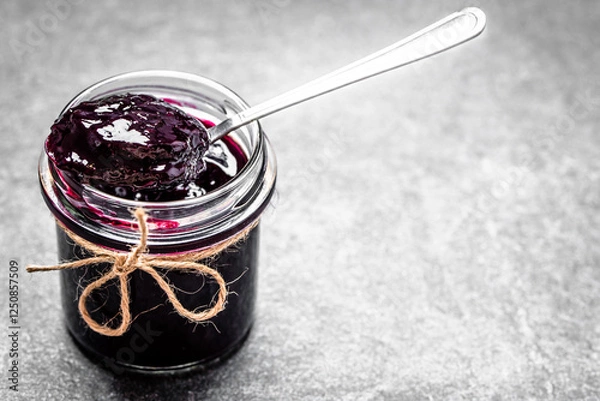 Obraz Aronia jam and fresh berry on stone table.