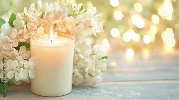Fototapeta A tranquil arrangement featuring a lit candle surrounded by delicate white flowers, set against a softly blurred background filled with warm bokeh lights, Ideal for wellness, relaxation