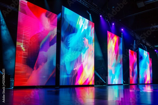 Fototapeta A futuristic stage setup featuring large LED projection screens displaying vibrant, abstract visuals with streaks of red, orange, and blue. The floor reflects the colorful lights