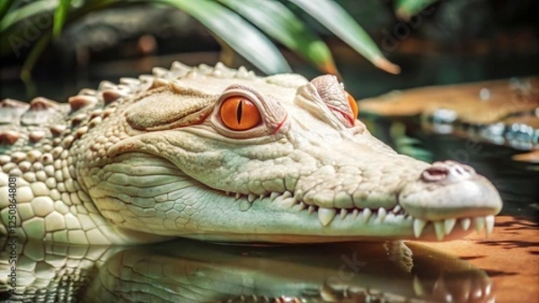 Fototapeta Albino alligator lurking beneath water surface swamp environment wildlife photography red eyes glowing close-up view for enhanced seo impact