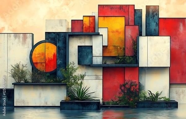 Fototapeta Abstract Outdoor Installation with Colorful Geometric Panels and Lush Greenery