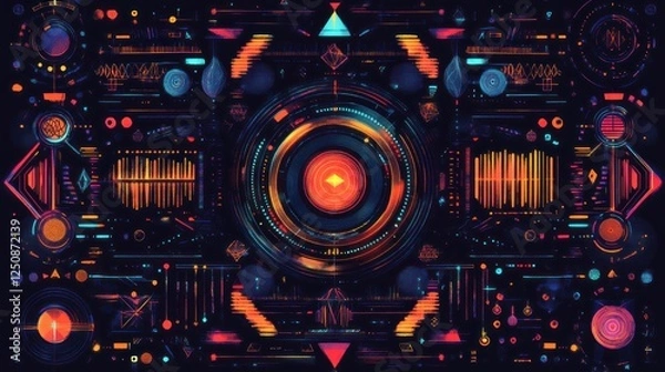 Fototapeta Abstract digital art with vibrant colors and geometric patterns, resembling a futuristic interface or HUD.