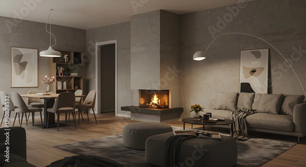 Fototapeta An artistic 3D rendering showcasing a modern and cozy interior design, encompassing both a living room and dining area, with a textured wall as the background