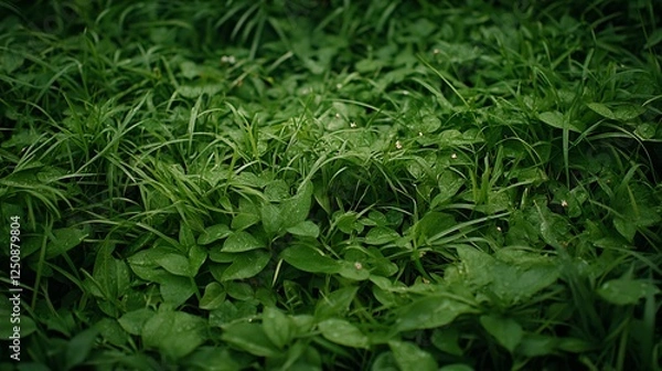 Fototapeta A dense patch of green grass with a few scattered leaves and tiny flowers growing amid the blades
