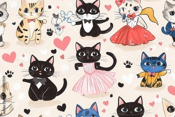 Fototapeta Charming seamless pattern of cute cartoon cats in stylish outfits among playful hearts and paw prints. Generative AI