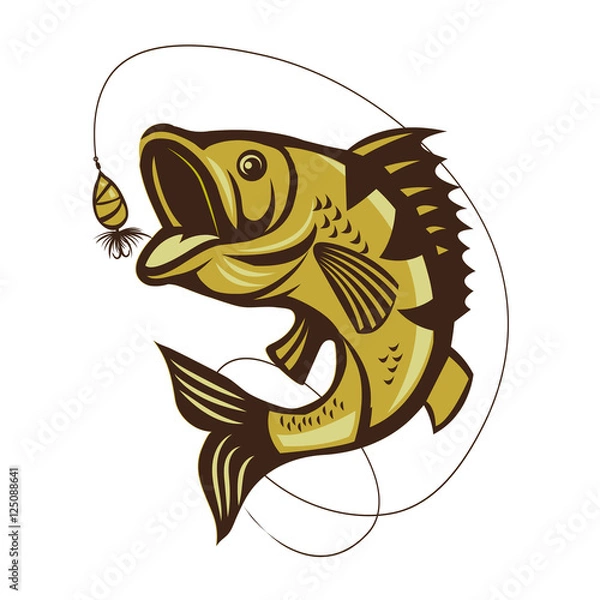 Fototapeta Catching Bass Fish. Vector Color Fish. Fish On A White Background. Fish On A Light Background. Bassfish, Fishing. Fish Jumping.