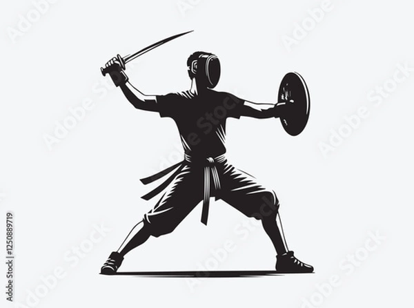 Fototapeta Silhouette of Arnis Player Practicing Stick Fighting