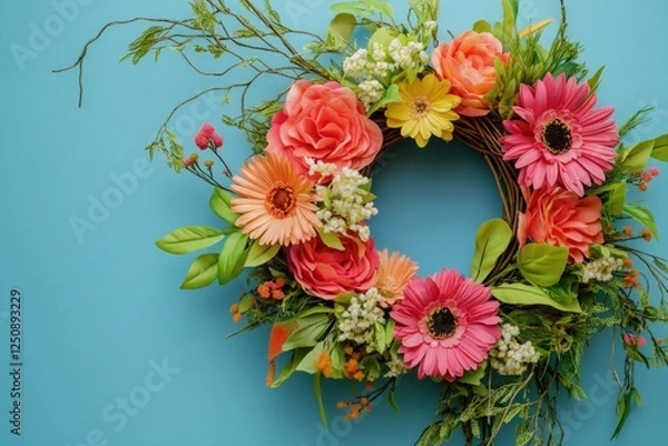 Obraz A colorful flower wreath set against a bright blue background, perfect for decorative purposes or as a visual element in editorial content