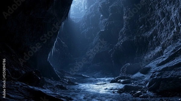 Fototapeta Enigmatic Cave with Dark Shadows and Water Stream Reflection
