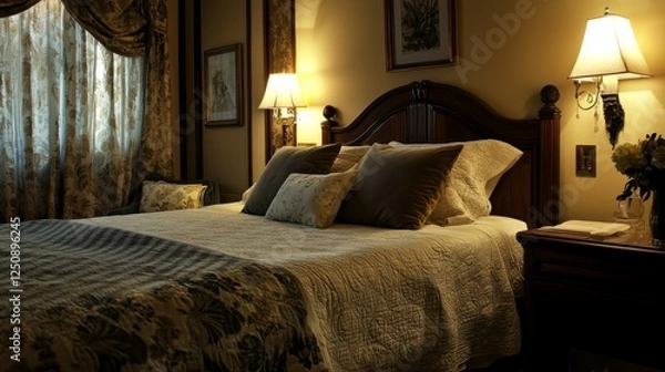Fototapeta Cozy and Elegant Bedroom with Soft Lighting and Stylish Decor