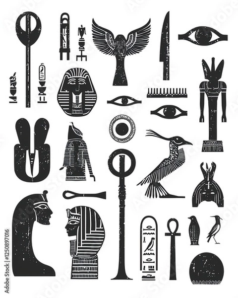 Fototapeta An illustration featuring various Egyptian hieroglyphs arranged in a random, artistic layout