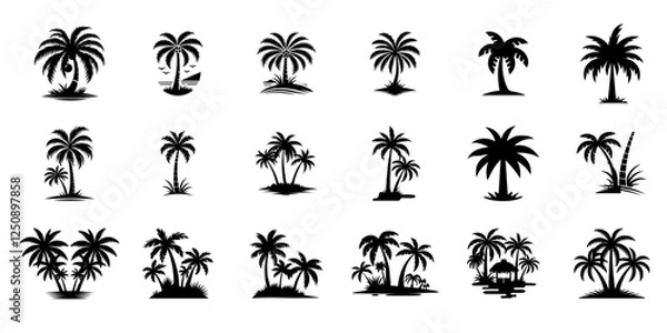 Obraz Palm trees, coconut tree silhouettes set illustration. stock illustration logo icon png. tropical, beach, landscape, pattern, paradise, coconut background.