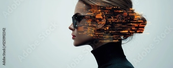 Fototapeta Futuristic digital portrait showcasing the of technology and finance featuring a conceptual cyberpunk inspired visual with a model s face overlaid with glitch and data effects