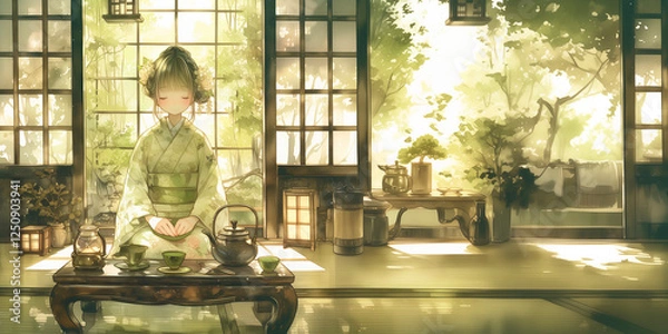 Obraz お茶を淹れる女性。水彩画。イラスト。バナー素材。挿絵。