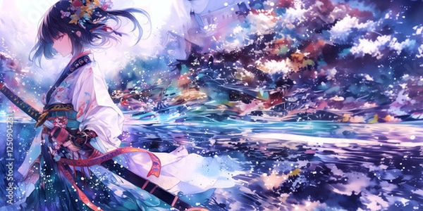 Obraz 刀使いの女性。水彩画。イラスト。バナー素材。挿絵。