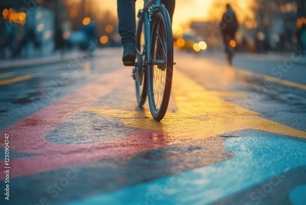 Fototapeta A cyclist rides on a colorful wet road during a beautiful sunset, creating a captivating scene.