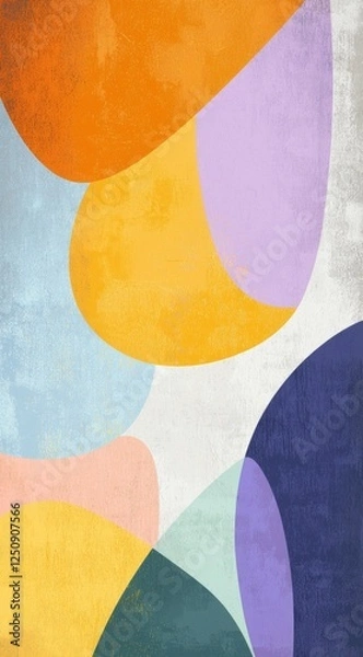 Fototapeta Dynamic abstract artwork featuring overlapping geometric shapes in vibrant hues of orange, purple, blue, and yellow, creating a modern and energetic visual composition