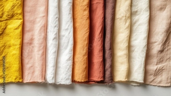 Obraz Collection of colorful plant-dyed linen fabric samples arranged on a white surface