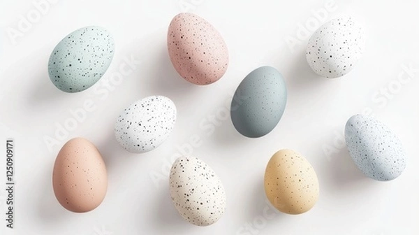 Fototapeta Collection of pastel-colored speckled eggs arranged on a white surface, showcasing a variety of textures and hues. The arrangement highlights the natural beauty and diversity of egg colors