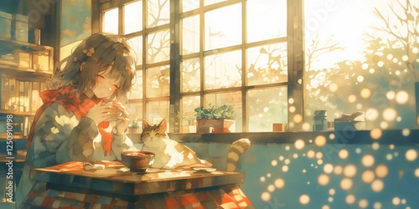 Obraz こたつでぜんざいを食べる女性。水彩画。イラスト。バナー素材。挿絵。