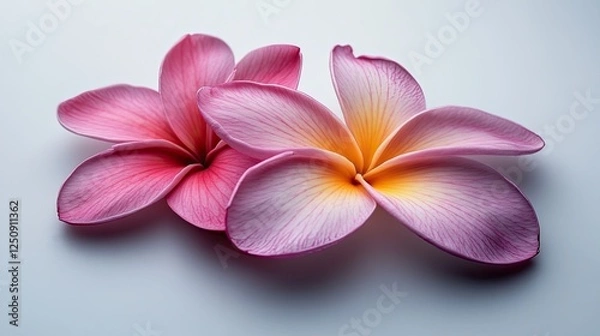 Fototapeta A close-up image of a pink plumeria flower featuring five delicate petals that radiate outward from a central yellow-orange hub.