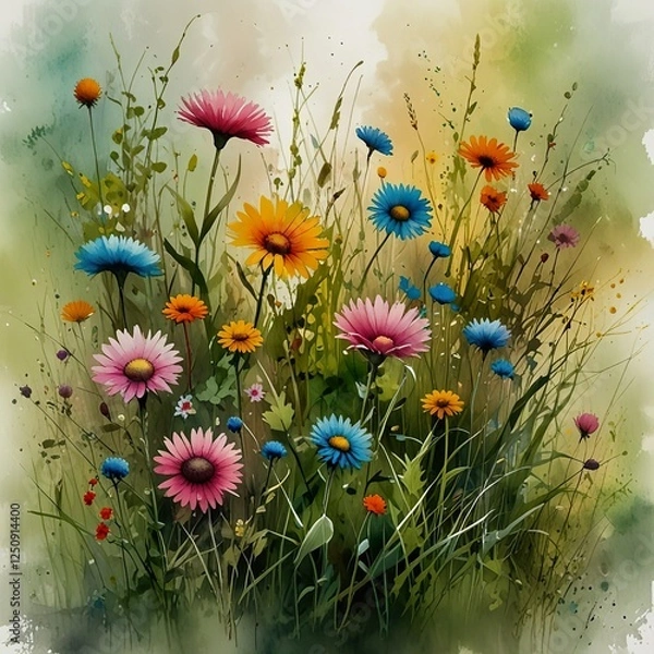 Fototapeta Watercolour painting of an abstract colourful flowers and grass. Tranquil gardenscape. Delicate background. Celebrating of spring. Floral template. Bright drawing poster. Modern field meadow wallpaper