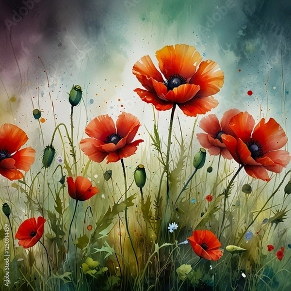 Fototapeta Watercolour painting of an abstract flowering poppies and grass. Tranquil gardenscape. Delicate background. Celebrating of summer. Floral template. Bright drawing poster. Modern field meadow wallpaper