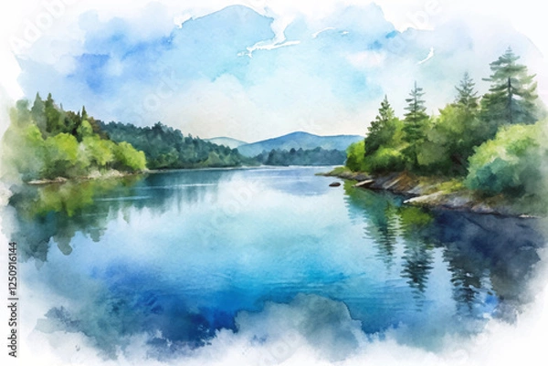 Obraz Serene lake view, tranquil water reflections, lush green trees, soft watercolor style, peaceful nature scene.