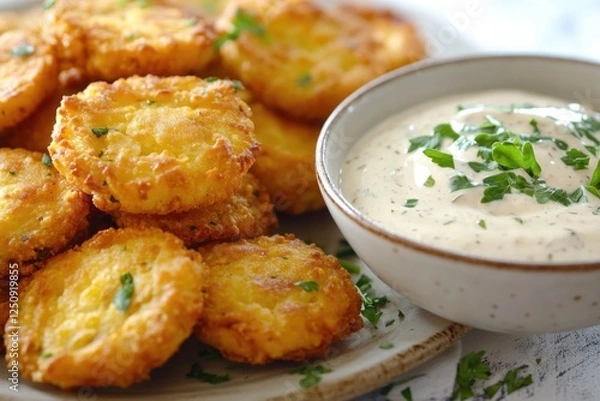 Fototapeta A plate of crispy tater tots served with a side of creamy dip, perfect for snacking or as part of a meal