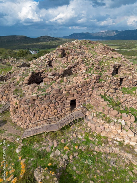 Fototapeta Nuraghe Seruci. Aerial drone view of the nuragic complex of Seruci, Gonnesa, Sardinia, Italy. Southern Sardinia