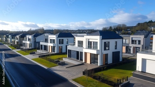 Fototapeta Aerial view of modern houses in a new housing development, showcasing clean lines and contemporary designs under a bright blue sky