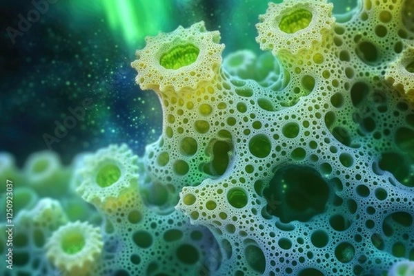 Fototapeta Intricate, bioluminescent coral-like structure with a complex network of interconnected holes and glowing centers.