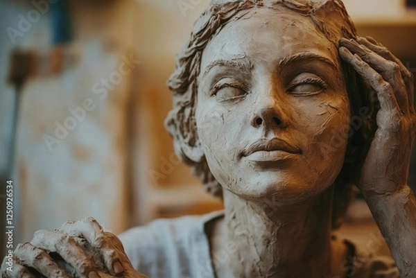 Fototapeta A clay sculpture of a woman's head and shoulders, her hands gently touching her face, showcasing exquisite detail and artistry.