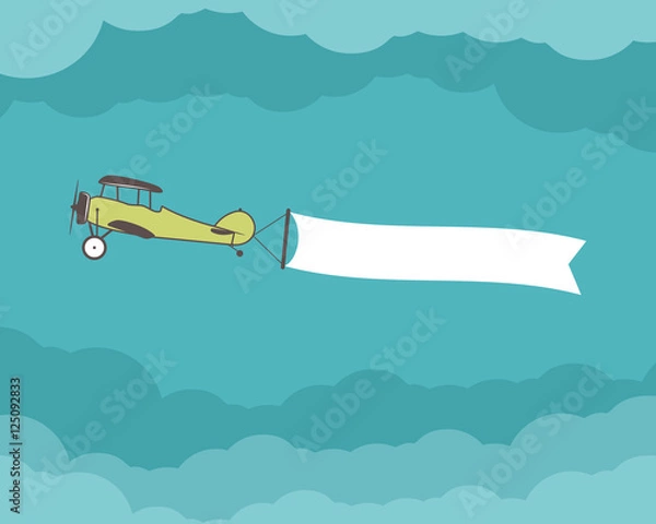 Fototapeta Airplane with banner, empty form for quote, text, slogan, motivation signs. Retro biplane emblem. Aviation brochure, flyer. Travel company flyer layout template. Vector