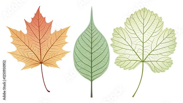 Fototapeta Three leaves displayed together, showcasing their unique shapes and colors