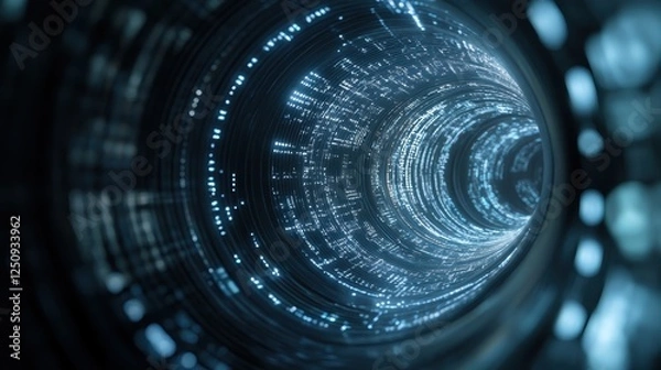 Obraz Close up of camera lens with futuristic quantum cryptography system in background