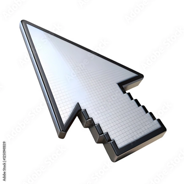 Fototapeta Stylish 3d render of a silver cursor arrow icon design for digital on transparent background web grid