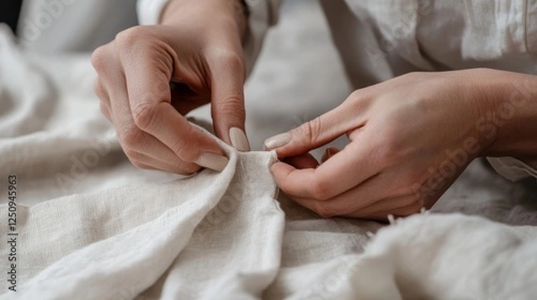 Obraz Close up of hands sewing on white fabric mending a garment with needle and thread
