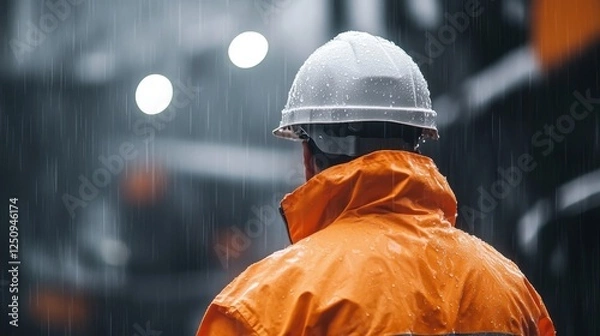 Obraz Construction worker in orange raincoat and hard hat working in the rain at a construction site
