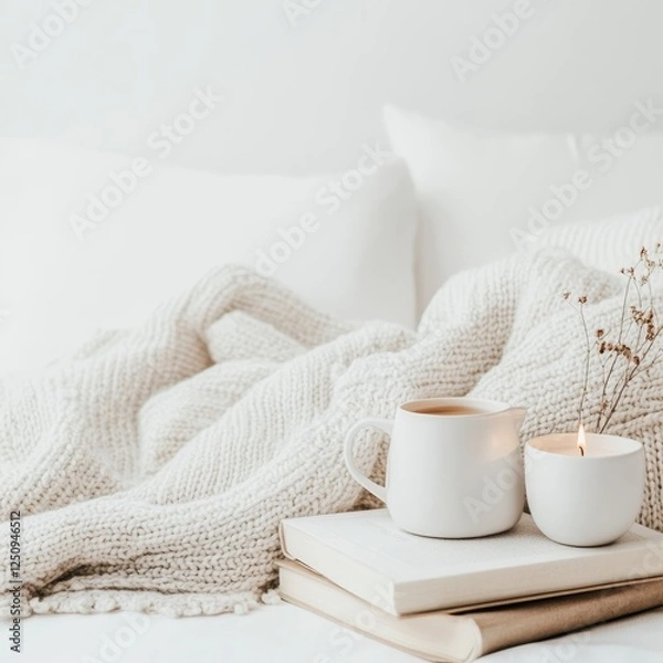 Obraz Two white mugs on a bed with a book and a plant for a cozy self-care night setting