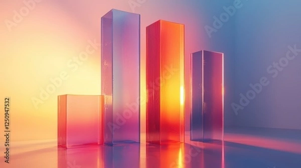 Fototapeta Chart on Graphic Background - 3D Colorful Rectangular Prisms Reflected on Mirrored Surface (Analytical Background, Blank Space for Text)