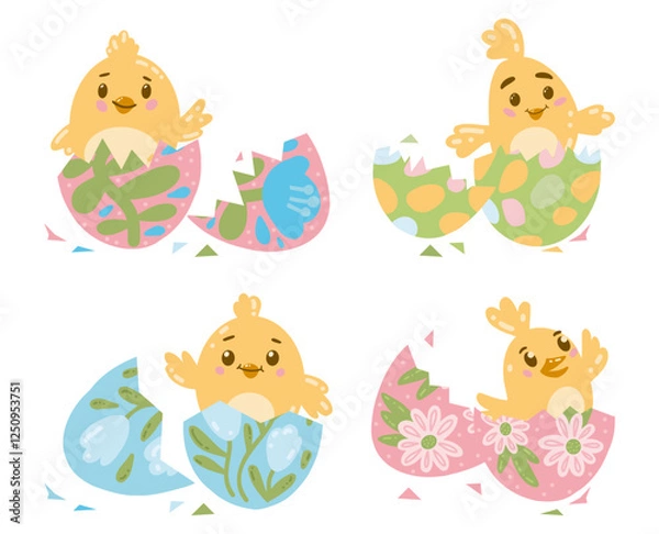 Fototapeta Vector cute Easter set of yellow chickens in a shell for poster, websites, card, scrapbooking, stickers isolated on white background