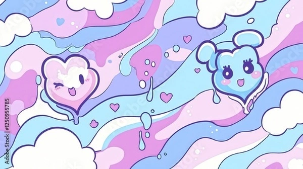 Fototapeta Colorful whimsical illustration of hearts and cute characters in waves
