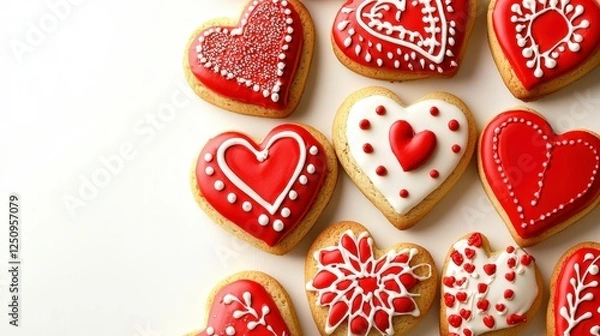 Fototapeta Heart-Shaped Cookies Decorated with Red Icing and Sugar Sprinkles