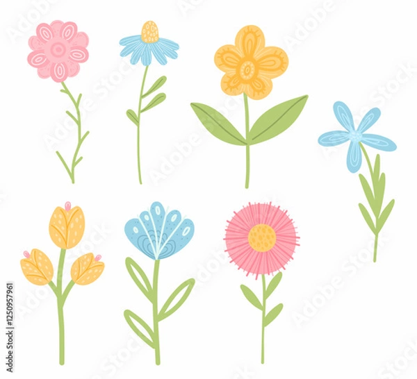 Fototapeta Vector cute Easter set of flowers for poster, websites, card, scrapbooking, stickers isolated on white background