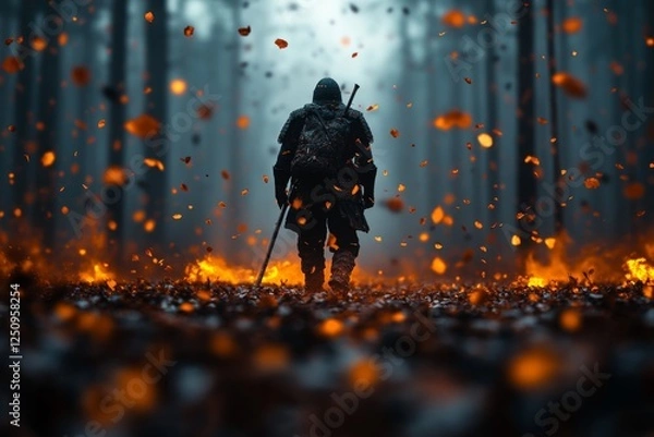 Obraz Dark forest path with a lone warrior walking through embers and smoke at dusk