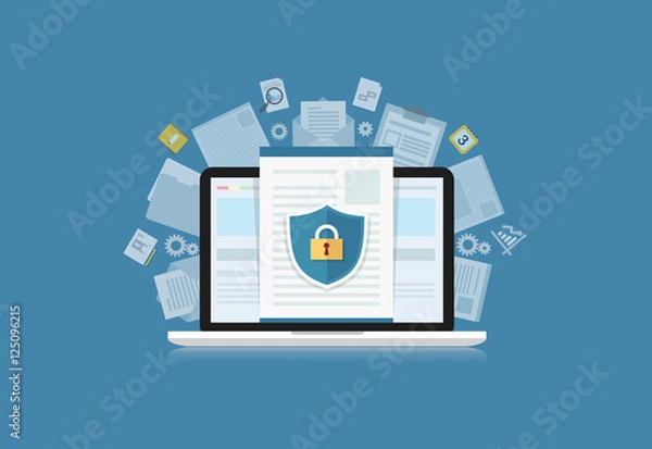 Fototapeta Concept is data security Center .Shield on Computer Laptop prote