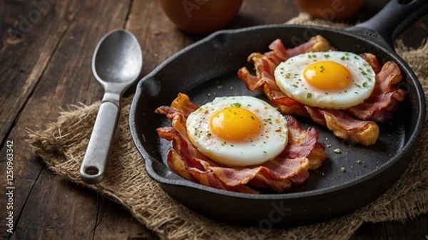 Fototapeta Delicious Hearty Breakfast in a Rustic Kitchen with Fried Eggs and Crispy Bacon
