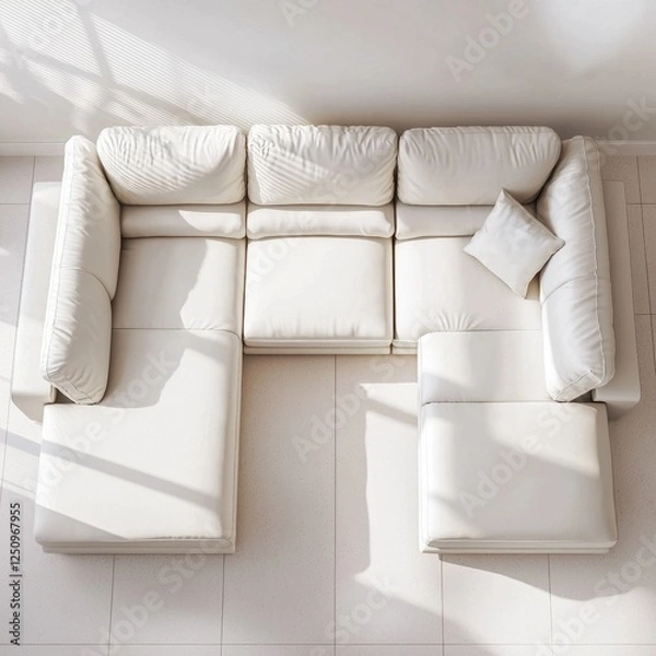 Fototapeta Modern White Leather Sectional Sofa in Bright Sunlight Room Interior Design