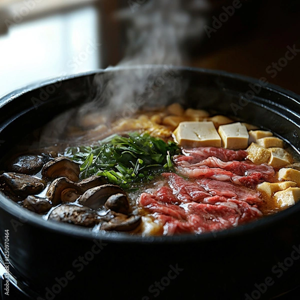 Fototapeta Steaming_hot_pot,_filled_with_vegetables,_tofu,_sliced_meat,_and_broth_simmering_in_a_black_pan.